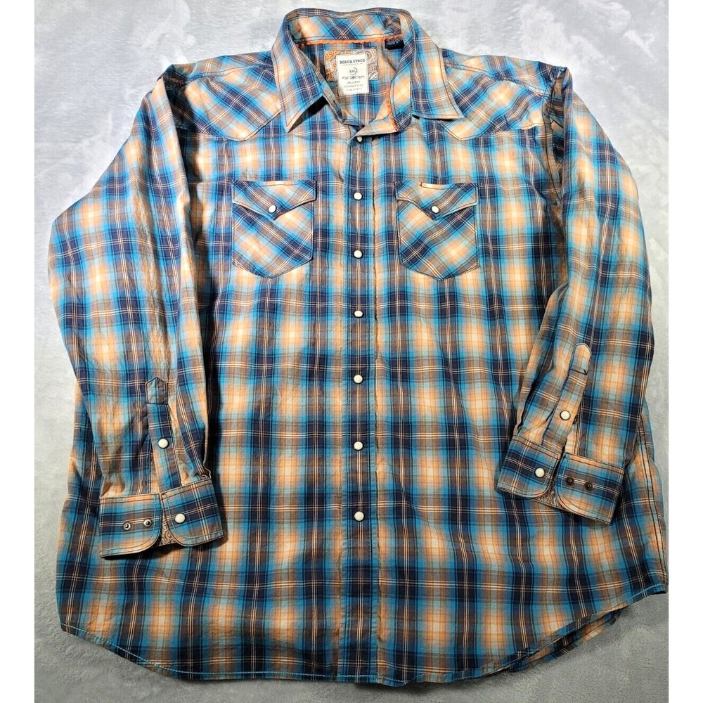 Panhandle Slim Rough Stock Shirt Mens XXL‎ Orange Teal Plaid Pearl Snap Western